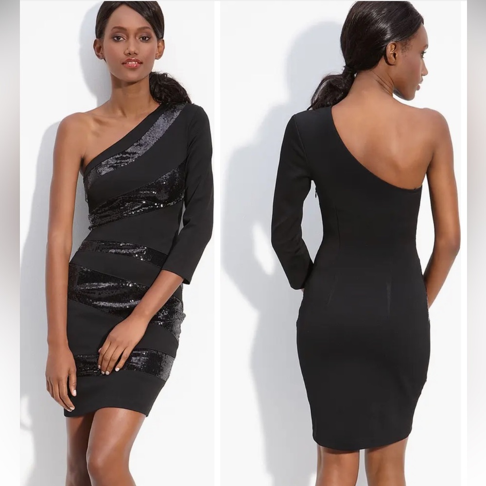 Alexia Admor Black Sequin One Shoulder Mini Dress